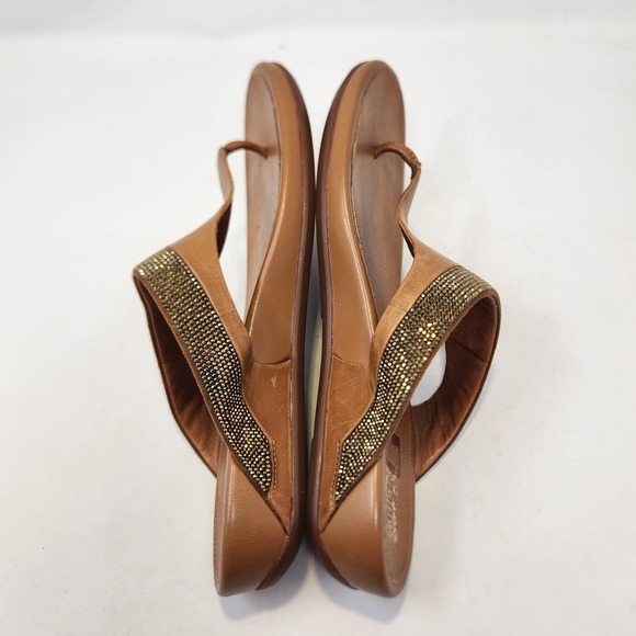 FitFlop Womens Banda Brown Leather Gold Crystal Thong Sandals Size 9 Toe Post - Picture 8 of 9